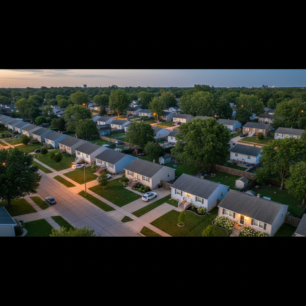 A wide, panoramic aerial-style view of a quiet Columbus, Indiana neighborhood at dusk, showing an orderly grid of modest single-family homes with varied siding colors—soft blue, beige, and light gray—each with its own neatly defined yard and driveway. Streetlights have just switched on, creating warm pools of light along the sidewalks, while the sky holds the last cool blue tones of evening. The lighting highlights the roofs and tree canopies, suggesting safety and community. Photographic realism with a deep depth of field keeps every house crisp and detailed. The composition uses a gentle diagonal line of the main street to lead the eye through the scene, evoking a professional yet hopeful mood that underscores the idea of progressing into home ownership in a stable Columbus neighborhood.