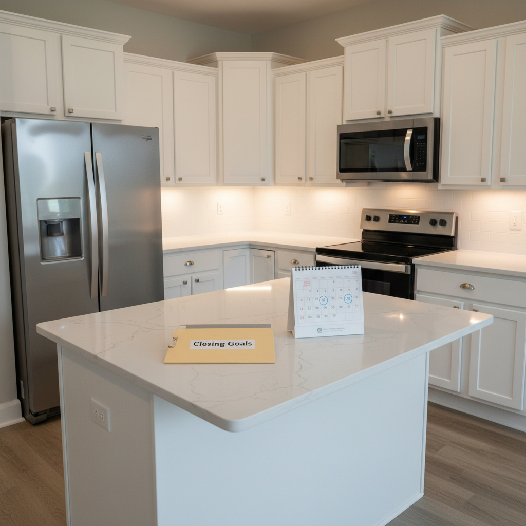 An interior kitchen of a Columbus, Indiana rent-to-own home, showcasing new stainless-steel appliances, smooth white shaker cabinets, and a light gray quartz countertop with subtle veining. On the island sits a single, neatly stacked folder labeled “Closing Goals,” next to a compact, upright calendar opened to a month with several dates lightly circled in blue. Under-cabinet LED lighting casts a clean, warm glow on the backsplash, while natural daylight from a window out of frame blends in to create bright, even illumination. Photographic realism with an eye-level, slightly off-center composition highlights the modern fixtures and organized documents. The atmosphere is professional yet homey, communicating progress toward ownership through everyday living in a well-cared-for Columbus rent-to-own property.