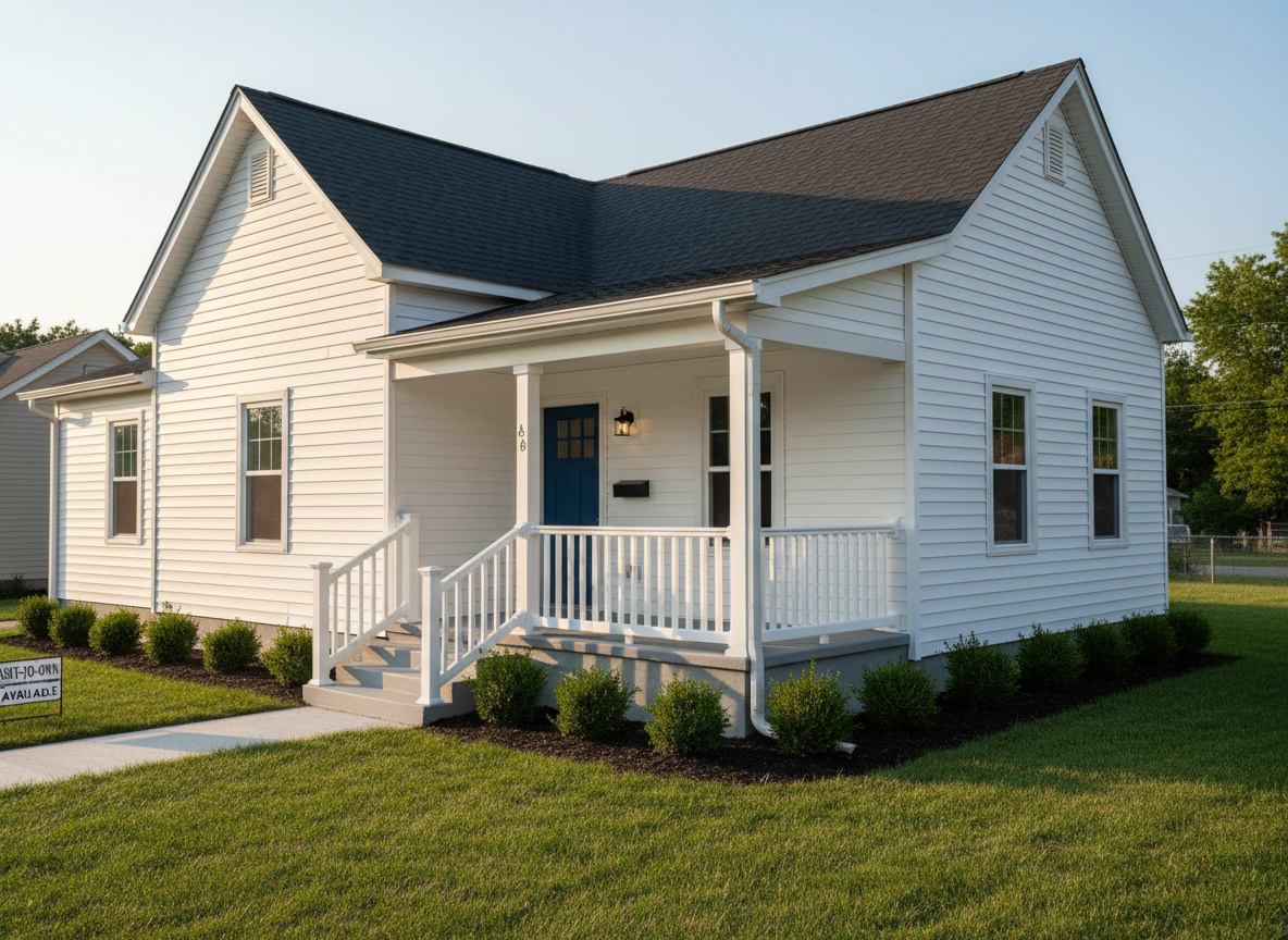 A freshly renovated, modest single-family home in Columbus, Indiana, with clean white siding, a dark charcoal shingle roof, and a welcoming front porch featuring simple railings and neatly painted steps. The house sits on a manicured lawn with a straight concrete walkway leading to the front door, framed by low-maintenance shrubs. Late afternoon natural light casts soft, warm highlights across the facade and gentle shadows under the eaves, creating a calm and inviting feel. Photographed at eye level with a slight three-quarter angle, the composition uses photographic realism and sharp focus throughout, conveying stability, professionalism, and the promise of accessible home ownership through rent-to-own options.