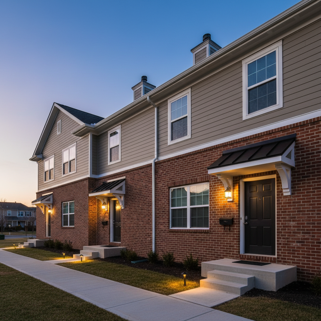 A quiet twilight exterior of a Columbus, Indiana townhouse row available for rent-to-own, featuring a sequence of three attached homes with consistent architectural style—brick lower facade, smooth taupe upper siding, and crisp white trim. Each unit has a small, well-lit covered entry with a single wall-mounted lantern casting a warm pool of light onto clean concrete steps. Subtle path lighting along the shared sidewalk adds a secure, welcoming feel. The sky transitions from deep blue to soft violet behind the roofs. Photographic realism with a slightly low angle makes the buildings appear solid and dependable. The composition uses a gentle perspective line down the row of homes, creating a calm, aspirational mood that suggests long-term stability and attainable ownership.