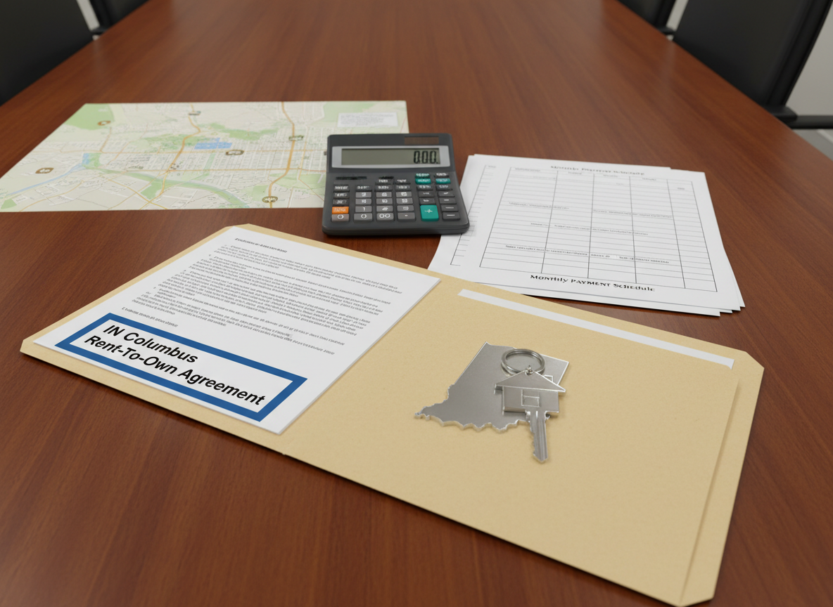 A detailed tabletop scene representing the rent-to-own process in Columbus, Indiana, arranged on a smooth, dark-wood conference table. At the center lies a crisp, open folder labeled “IN Columbus Rent-To-Own Agreement” in clear, professional typography, with visible but unreadable fine print. Beside it, a small, weighty metal house key rests on a polished keyring shaped like the outline of Indiana. A calculator, a neat stack of plain monthly payment schedules, and a subtle Columbus city map printed in muted tones sit in the background. Overhead, neutral office lighting provides even, shadow-free illumination, keeping everything clearly legible and realistic. Photographed from a slightly elevated, straight-on perspective, the composition is clean and uncluttered, conveying trust, clarity, and the structured nature of entering home ownership through rent-to-own.