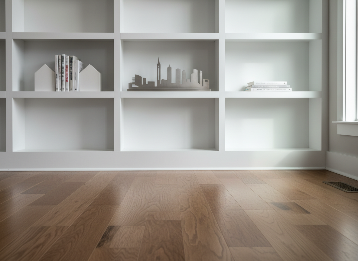 A close-up, interior living room scene of a Columbus, Indiana rent-to-own home, showing a newly installed, medium-toned hardwood floor and a solid, built-in white shelving unit. On the central shelf rests a detailed miniature Columbus city skyline sculpture in brushed metal, flanked by two small, tasteful house-shaped bookends supporting carefully arranged real estate guides and budgeting books. Soft, indirect daylight enters from the right, creating subtle reflections on the metal sculpture and gentle shadows within the shelving. Photographic realism with a low, slightly angled composition emphasizes the textures of wood, paint, and metal. The atmosphere feels orderly, modern, and aspirational, symbolizing a professional, guided journey from renting to eventual ownership in Columbus through rent-to-own programs.