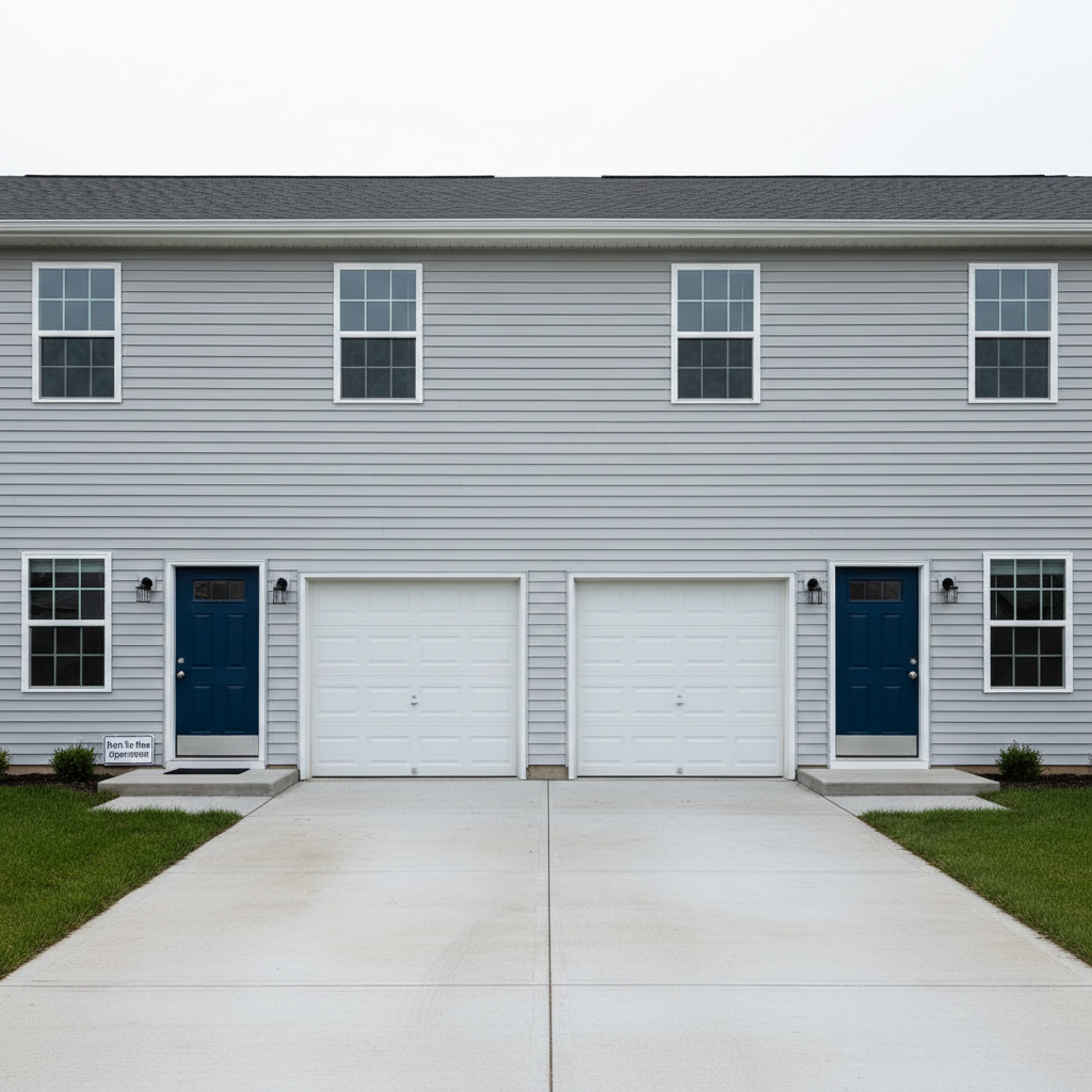 An exterior shot of a duplex in Columbus, Indiana suitable for a rent-to-own agreement, with two mirror-image entrances, each with matching navy-blue doors and brushed-nickel hardware. The building has light gray horizontal siding, evenly spaced windows with crisp white trim, and a shared, well-maintained concrete driveway. A small, rectangular sign near the front walkway reads “Rent-To-Own Opportunity” in professional, understated lettering. Early morning overcast light creates soft, diffused illumination with minimal harsh shadows, enhancing the clarity of every architectural detail. Captured in photographic realism from a straight-on, slightly wide-angle viewpoint, the composition emphasizes balance and symmetry, suggesting fairness and equal opportunity for future homeowners seeking to transition from renting to owning in the Columbus area.