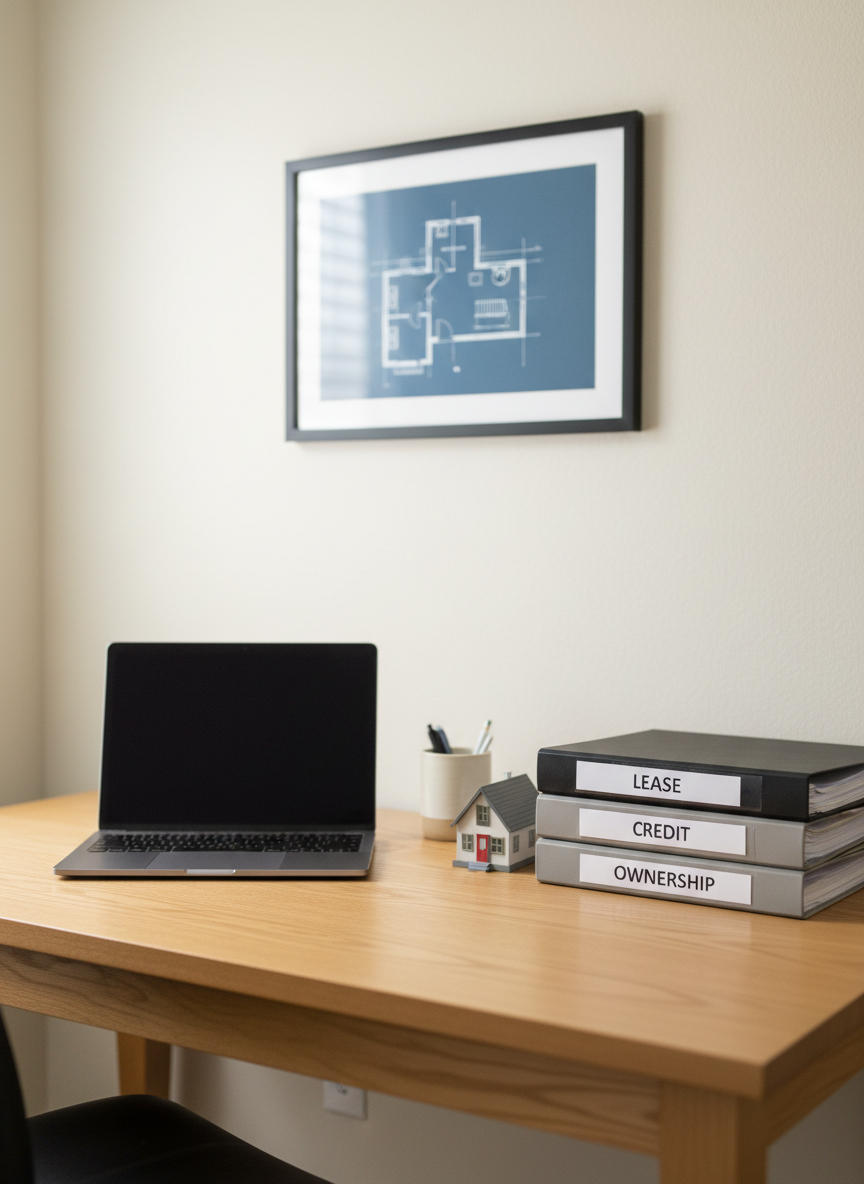 A bright, organized home office corner inside a Columbus, Indiana rent-to-own home, featuring a sturdy light-oak desk, a sleek matte-black laptop, and a tidy stack of neatly labeled folders reading “Lease,” “Credit,” and “Ownership.” A small model house with a red front door sits prominently beside a ceramic pen cup. The space is set against a soft, neutral-painted wall with a single framed blueprint-style floor plan. Gentle, diffused daylight from an unseen window to the left creates balanced illumination, minimal shadows, and a professional, reassuring atmosphere. Captured in photographic realism from a slightly elevated angle with shallow depth of field, the background subtly blurs to keep focus on the documents and model home, symbolizing structured, step-by-step rent-to-own pathways.
